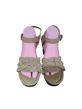 C1946 Studded Strappy Block Heel Sandals Tan Beige Ankle Strap Size 11